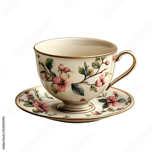 Wallpaper Mural Elegant Floral Teacup and Saucer Set Vintage Cream Porcelain Pink Flowers Gold Trim Torontodigital.ca