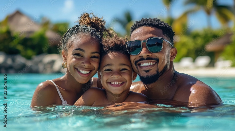 Portrait of lovely African-American family in ocean waters enjoying summer holidays together in a beach day. Portrait of lovely African-American family in ocean waters enjoying summer holidays together in a beach day.