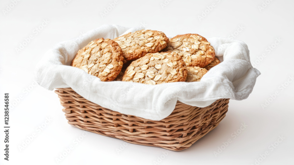 Freshly baked oatmeal cookies with nuts are arranged in woven basket lined with white linen cloth, creating warm and inviting presentation Freshly baked oatmeal cookies with nuts are arranged in woven basket lined with white linen cloth, creating warm and inviting presentation