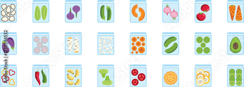 Various chopped and whole vegetables packed and sealed in plastic bags for freshness