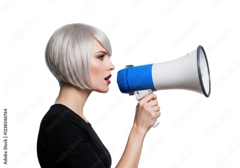 Woman with short blond hair holding a blue and white megaphone, isolated on white background Woman with short blond hair holding a blue and white megaphone, isolated on white background