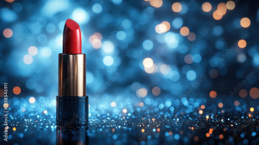 A Stunning Close-Up of a Bright Red Lipstick Against a Sparkly Blue Background for Beauty and Makeup Inspiration A Stunning Close-Up of a Bright Red Lipstick Against a Sparkly Blue Background for Beauty and Makeup Inspiration