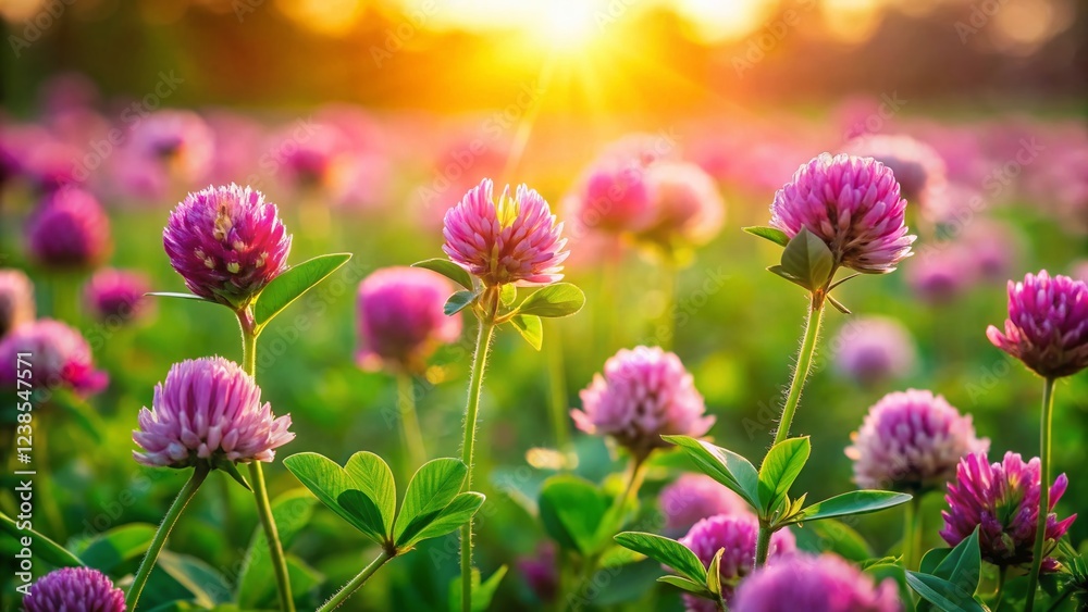 Fototapeta premium Close-up of vibrant clover blossoms in a sun-drenched field, showcasing intricate details and natural textures.