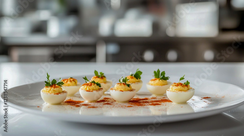 seven deviled eggs elegantly arranged on a white plate photo