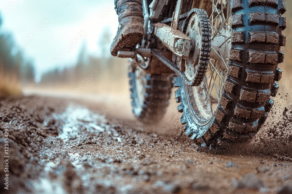 Close up of motorcycle tire on muddy dirt road, showcasing rugged tread and splashes of mud. scene captures thrill of off road riding and adventure Close up of motorcycle tire on muddy dirt road, showcasing rugged tread and splashes of mud. scene captures thrill of off road riding and adventure