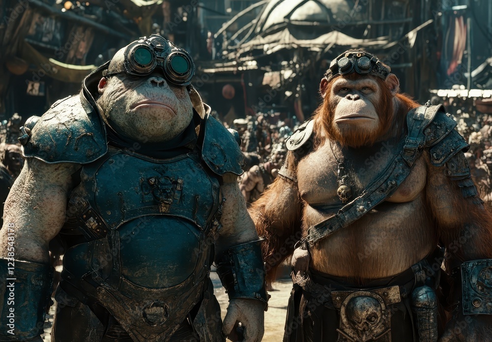 Naklejka premium Two anthropomorphic apes, one in dark armor and goggles, the other in brown attire, stand amidst a bustling crowd in a dark, gritty urban setting