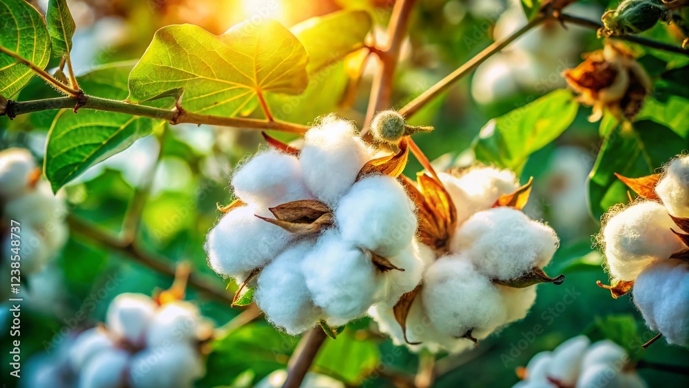 Close-Up of White Cotton Bolls on Branches - Lush Green Leaves and Natural Light Close-Up of White Cotton Bolls on Branches - Lush Green Leaves and Natural Light