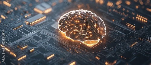 Big data and artificial intelligence concept, human brain glowing from a processor, symbolizing the fusion of human intelligence and machine learning, advanced technology evolution photo