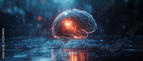Big data and artificial intelligence concept, human brain glowing from a processor, symbolizing the fusion of human intelligence and machine learning, advanced technology evolution photo