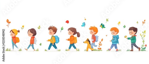 Childrens growth stages illustrated with focus on physical, emotional, intellectual milestones, academic achievements, and evolving social interactions across different age ranges
