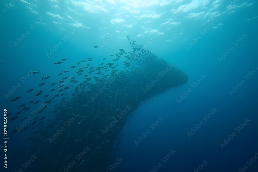 Obraz premium A school of fish swimming in a precise arrow formation underwater.