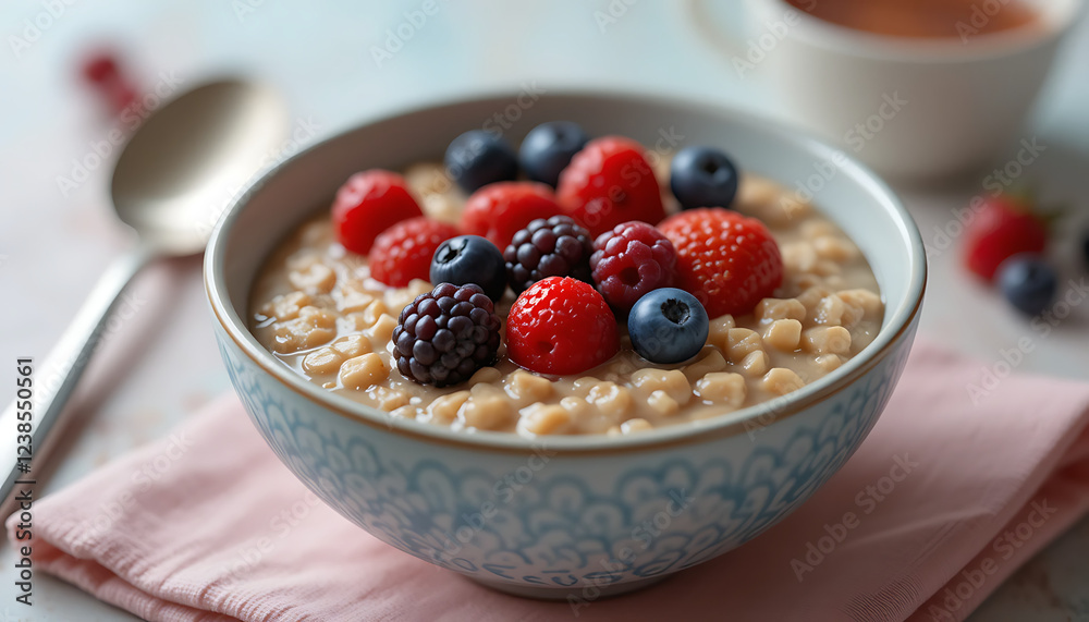 Bowl of oatmeal topped with fresh berries on a pastel table setting Bowl of oatmeal topped with fresh berries on a pastel table setting