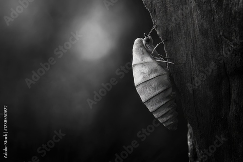 A monochrome close-up captures a pupa clinging to a dark, textured surface, suggesting transformation. photo