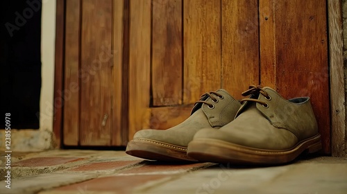 Worn leather shoes rest against a wooden door.