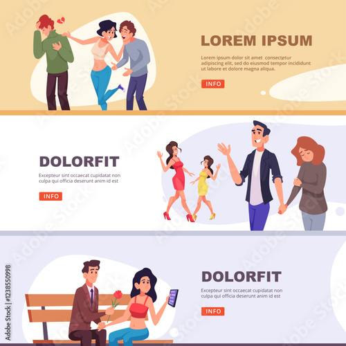 Cracked love. destructive relationship lovers vector psychological concept illustrations for web banners templates