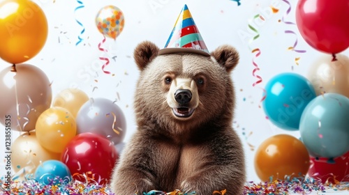 Joyful Brown Bear Celebrates with Balloons and Confetti