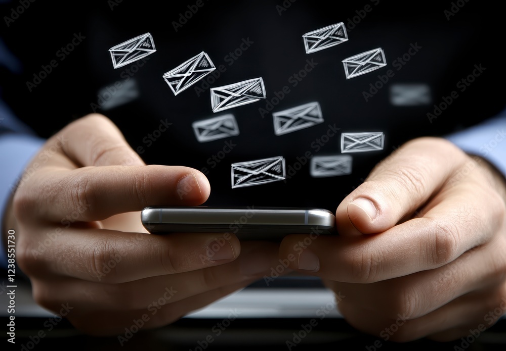 Close up of hands holding a smartphone with email icons floating above, suggesting communication and digital connectivity. Dark background emphasizes Close up of hands holding a smartphone with email icons floating above, suggesting communication and digital connectivity. Dark background emphasizes