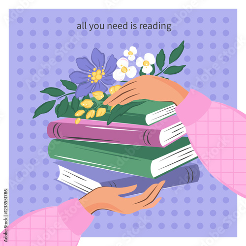 Banner for bookstore, library, sale in bookshop. Hands holding books and spring flowers. Vector illustration for poster, cover, marketing.