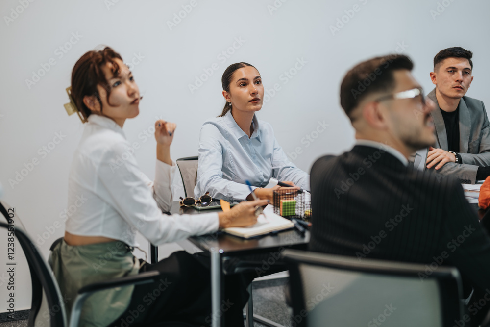 A diverse group of business people engaged in a meeting. They are seated at a table, attentively listening and taking notes. The setting is a modern office environment.