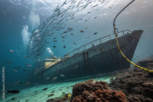 A large cargo ship has crashed into the sea. The tanker lies on the bottom among seaweed and fish. An ecological disaster