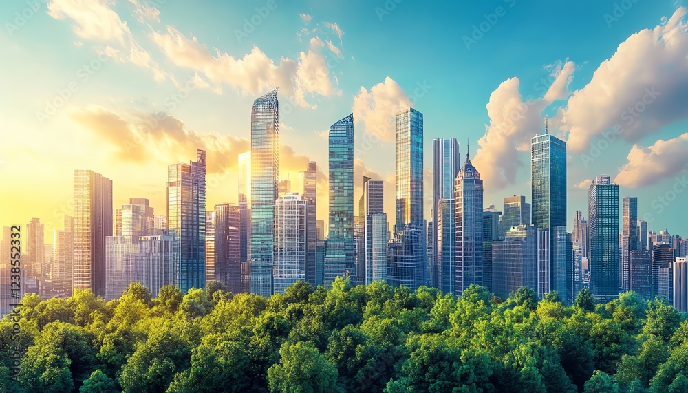 Obraz premium Modern ecocity with sustainable architecture, energyefficient buildings, solar energy systems, and green spaces, representing a future of ESGdriven urban development and innovation