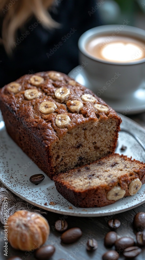 Freshly baked banana bread topped with slices of banana sits invitingly on a plate, accompanied by a warm cup of coffee, ideal for a cozy morning treat Freshly baked banana bread topped with slices of banana sits invitingly on a plate, accompanied by a warm cup of coffee, ideal for a cozy morning treat