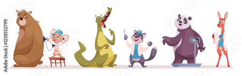Doctor animals. Funny zoo characters medical doctors talking with patients exact vector animals pediatricians