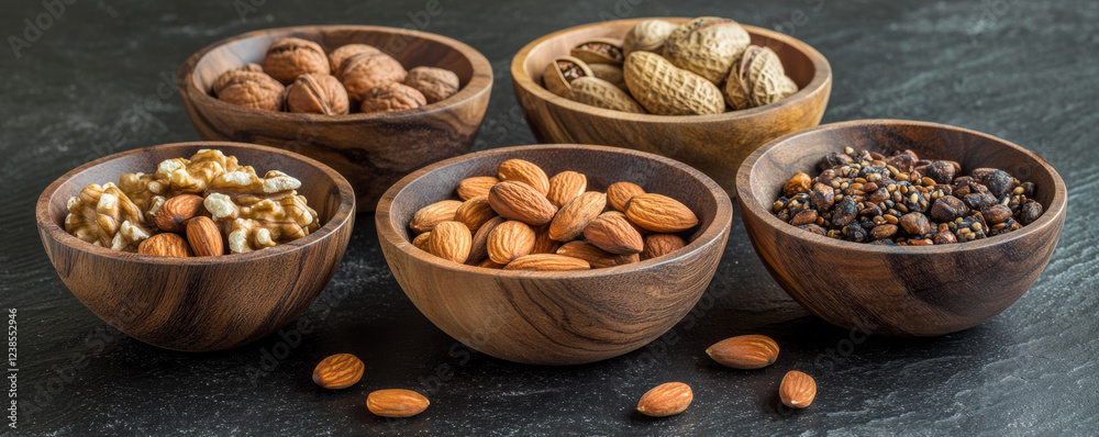 Assorted nuts in rustic wooden bowls, including almonds, walnuts, and peanuts, create warm and inviting display perfect for snacking or entertaining Assorted nuts in rustic wooden bowls, including almonds, walnuts, and peanuts, create warm and inviting display perfect for snacking or entertaining
