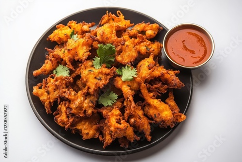 Delicious homemade pakoras garnished with herbs presented on an elegant white plate for authentic indian cuisine lovers