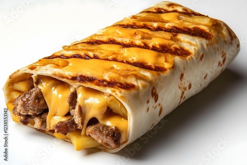 A french taco with melted cheddar cheese, beef and french fries isolated on a white background