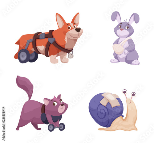 Dogs disabilities. Veterinary medical illustration of disabilities animals with prosthetics legs exact vector cartoon templates set