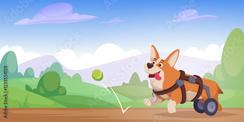 Disabilities pets. Medical background illustration of vet clinic with different disabilities animals exact vector picture in cartoon style