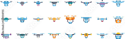 Set of colorful flat style icons depicting drones carrying first aid kits, representing medical delivery and emergency response
