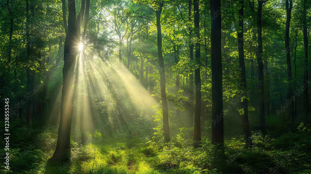 Fototapeta premium Sunlight streaming through lush green trees in a dense forest creating a peaceful and natural atmosphere with rays of light illuminating the foliage