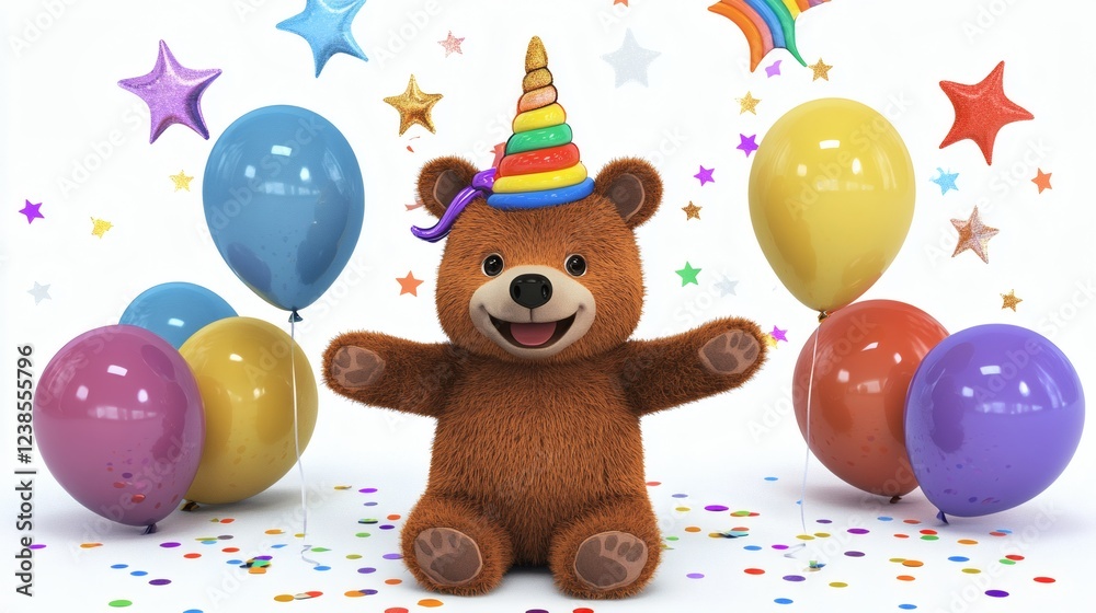 Obraz premium Joyful Birthday Bear: Colorful Balloons and Festive Cheer