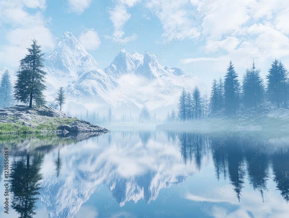 Fototapeta premium Serene Mountain Lake Reflection Landscape with Snow Capped Peaks and Pine Trees