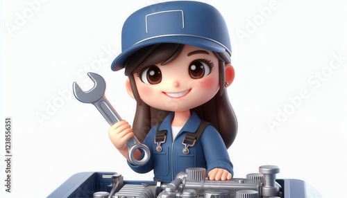 Mechanic girl repairing engine workshop 3d illustration bright environment close-up empowerment photo