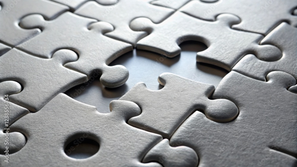 Close-up of a nearly complete jigsaw puzzle with one piece missing, symbolizing teamwork, problem-solving, and the final step to success Close-up of a nearly complete jigsaw puzzle with one piece missing, symbolizing teamwork, problem-solving, and the final step to success