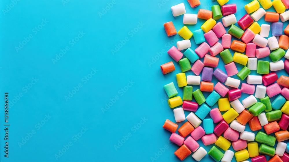 A vibrant collection of colorful chewable candies scattered against a bright blue background A vibrant collection of colorful chewable candies scattered against a bright blue background