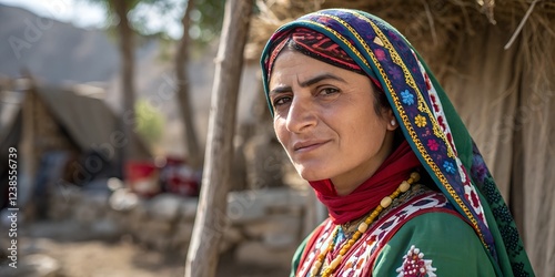 a Kurdish woman from eastern Turkey with traditional clothing in her village	