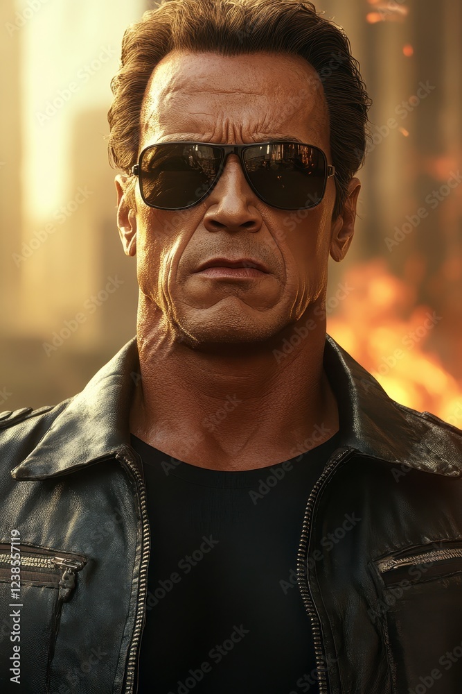 Fototapeta premium Close up portrait of a man with weathered skin, wearing dark sunglasses and a black leather jacket, set against a blurred background of fire and