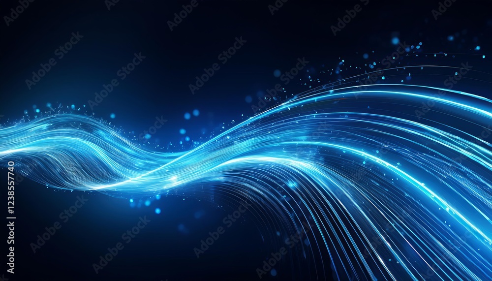 dynamic blue light streaks forming a wave pattern against a dark background, sparkling particles resembling stars dynamic blue light streaks forming a wave pattern against a dark background, sparkling particles resembling stars
