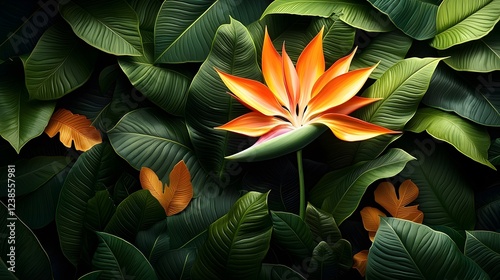 A vibrant orange flower emerges from a lush green backdrop of tropical leaves, embodying nature's beauty and tranquility in this striking composition.