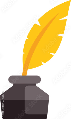 Yellow feather quill pen dipping into inkwell, writing instrument for calligraphy, handwriting, and historical documents