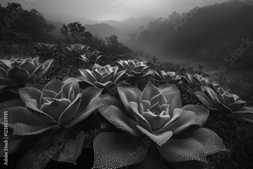 Dew-kissed succulents bloom on a misty hillside, creating a monochrome masterpiece of nature's artistry. photo