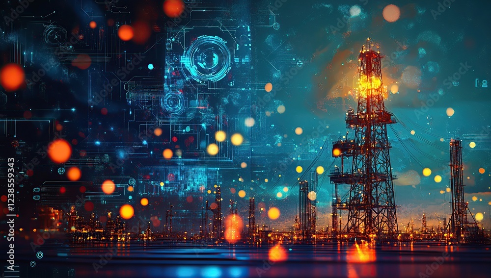 Fototapeta premium A miniature oil painting depicting a digital technology background with glowing data streams