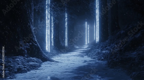 Glowing path through snowy forest at night, fantasy background