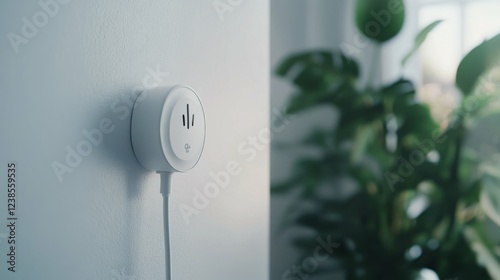 Electric plug-in air freshener with a sleek design, standing on a clean white wall with blurred minimalist decor.