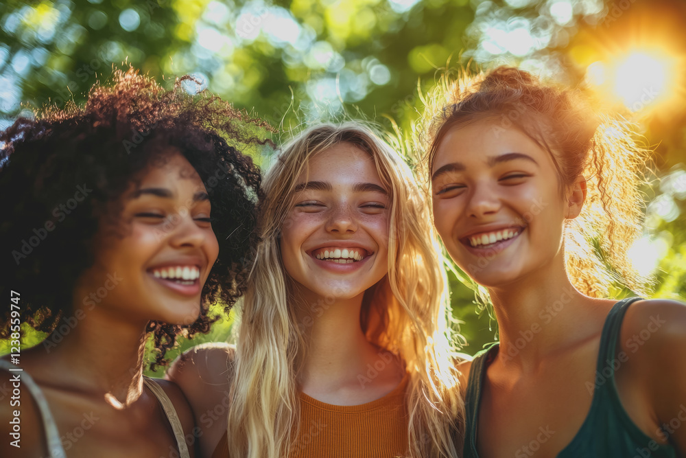 Three young women laughing together in a bright outdoor setting enjoying each others company and sharing a joyful moment in a casual gathering Three young women laughing together in a bright outdoor setting enjoying each others company and sharing a joyful moment in a casual gathering