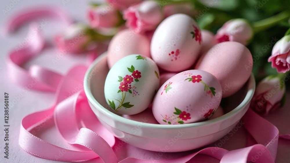 Decorated Easter eggs in pastel tones with floral patterns on a plate, surrounded by tulips and ribbons on a soft pink background Decorated Easter eggs in pastel tones with floral patterns on a plate, surrounded by tulips and ribbons on a soft pink background
